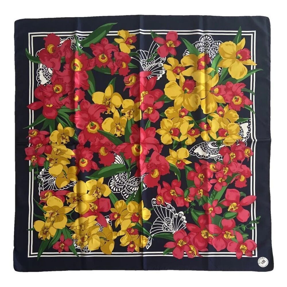 Mantero CollectionâSilk Scarf Floral Butterflies Orchids 34x34
